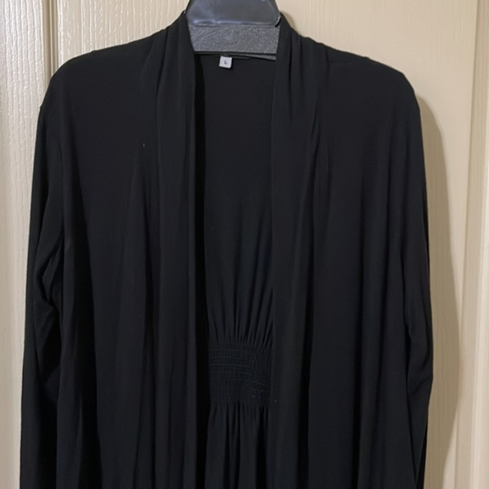 Black long cardigan with rushed simiulated stretch belt by S Point. Size L.